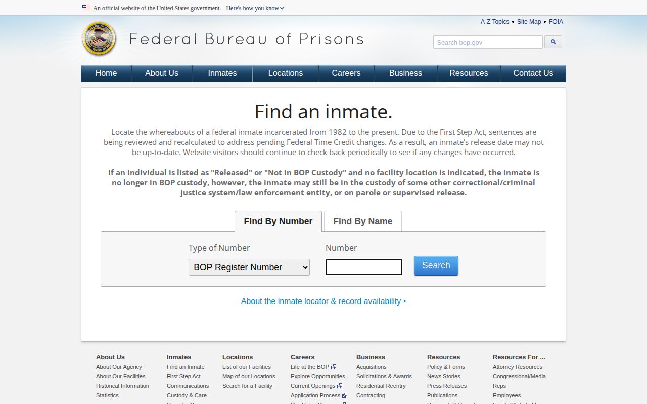 Federal Bureau of Prisons release search and Not in BOP Custody result for Fillmore County research