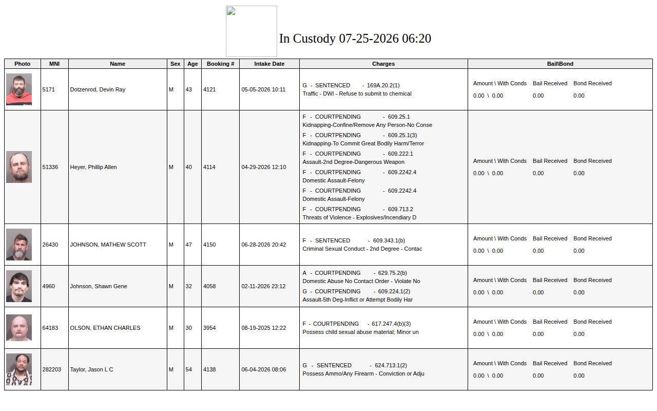 Fillmore County current custody roster with booking photo field, not released inmate mugshots