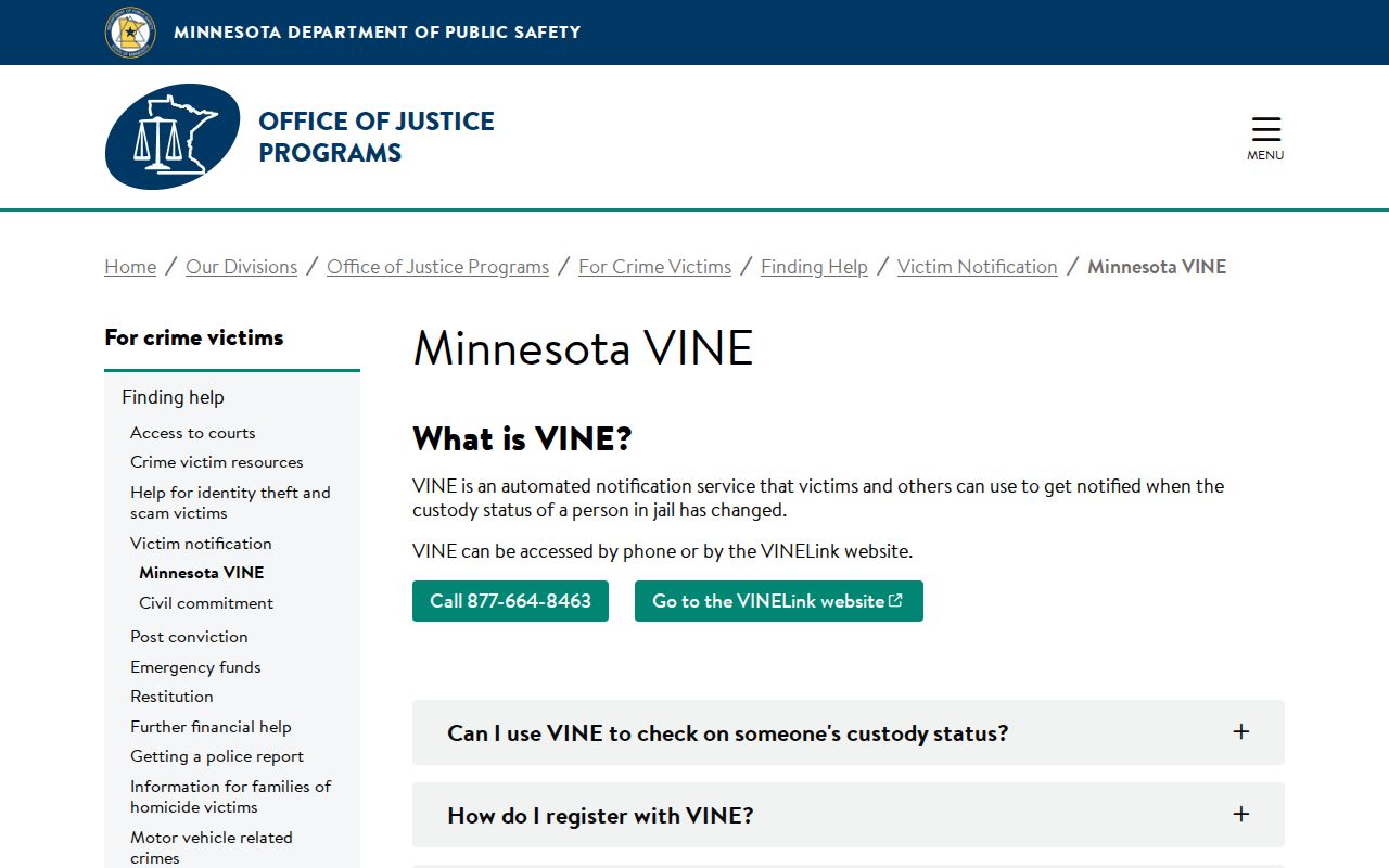 Official Minnesota VINE guidance for Fillmore County release notifications
